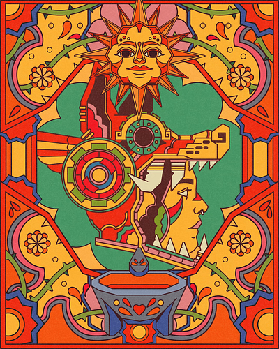 🌞 Tōnatiuh īhuān Mētztli🌛 color flowers il illustration mexican mexico poster prehispánico vector