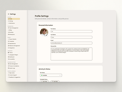 Profile Settings - Design Exploration dailyui dailyui007 edit profile personal information profile profile picture project management settings ui ux web website