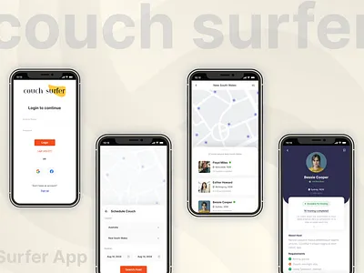 Couch Surfer - Couch Booking App activity history booking booking app calendar choose date couch surfer form login menu minimal mobile product design profile setup red schedule booking search signup stepper upcoming stay yellow