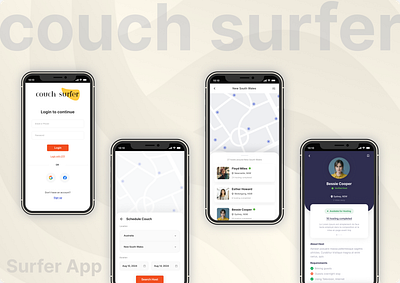 Couch Surfer - Couch Booking App activity history booking app calendar choose date couch surfer form input login menu mobile product design profile setup schedule booking search host search location signup stepper ui ui ux upcoming stay