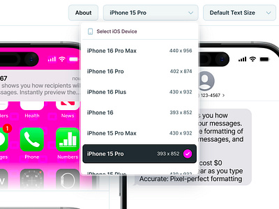 Preview SMS Device Dropdown device dropdown font gradient ios iphone 15 iphone 16 iphone 16 pro max message mobile preview react select shadow sms subtle text text size ui web app