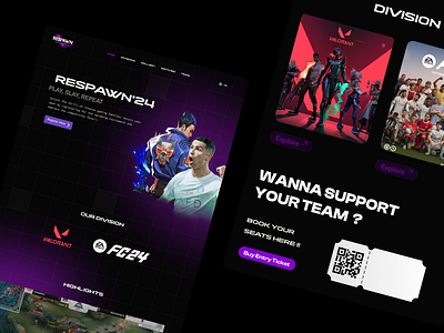 Respawn | Homepage for Gaming Event 3d animation beauitful branding clean college dark design event fifa figma gaming graphic design logo modern page ticket ui ux valorant