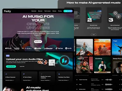 Fediy - AI Music Generator ai generative ai music generation content creation dark theme design digital audio digital design free music innovation modern music creation music production music templates music website platform tech ui design ux design uxui web design