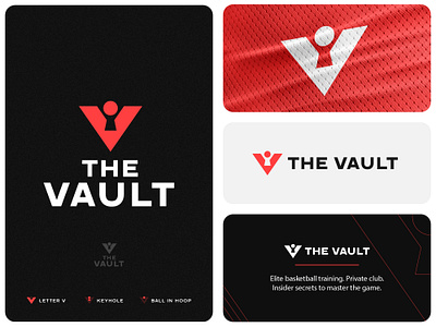 The Vault - Basketball Training & Private Club Logo Concept basketball branding fitness geometric gym keyhole letter v lettermark masculine minimal modern private club red logo secret sport sports team training v logo vault