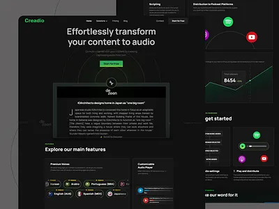 Creadio Audio Generator Web Design ai generator ai platform ai web ai website audio audio editing audio generating audio recording creative creative website design interface design landing page platform ui ui design user experience ux uxui voice tramsferring