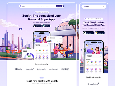 Zenith - Digital Payment SuperApp Landing Page 🖥 banking bill branding design digital finance financial fintech illustration landing page orely payment split transaction ui ux