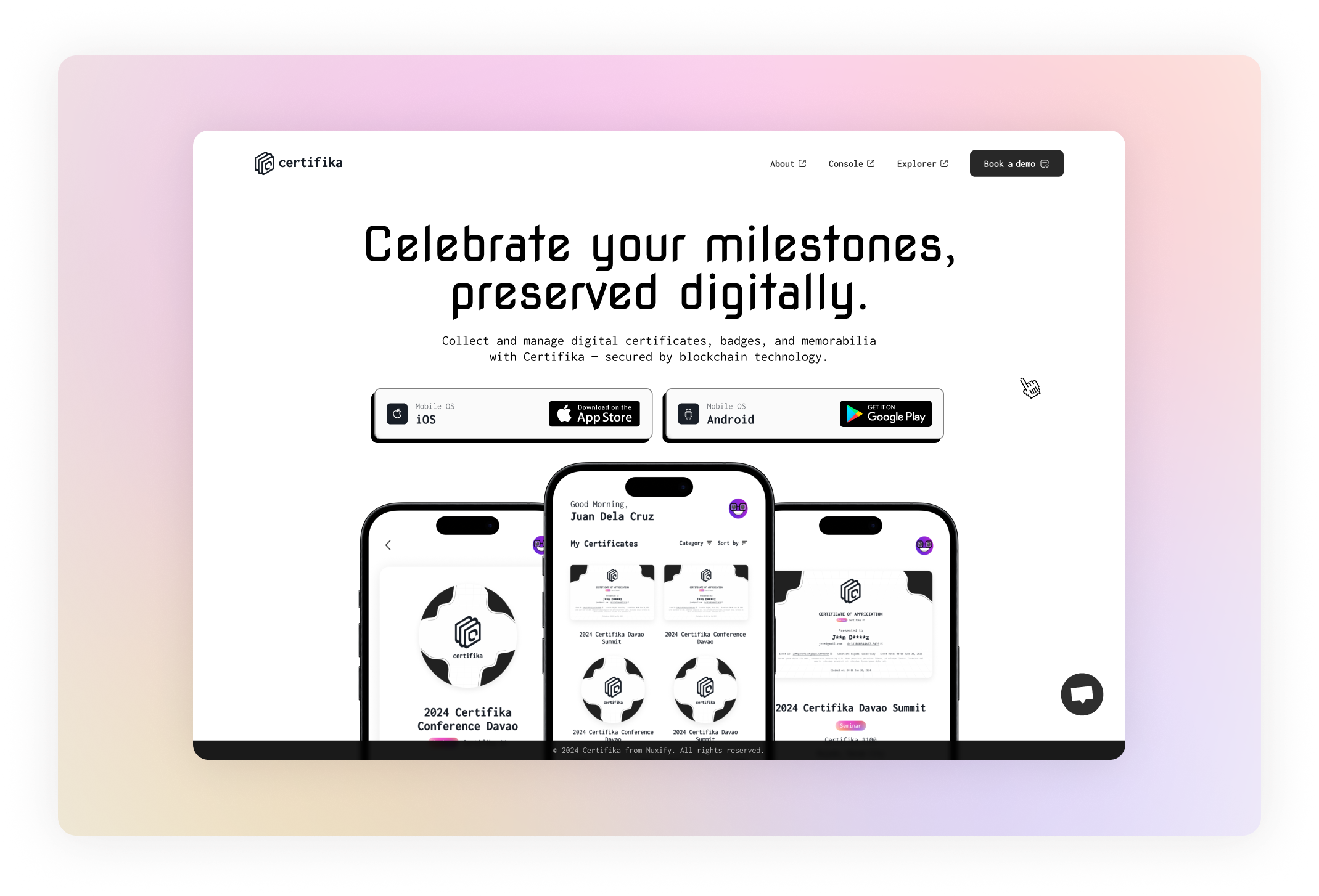 Online Certificate App - Certifika blockchain branding certificate dashboard digital digital certificate explorer forms landing page mobile app nft onboarding web app