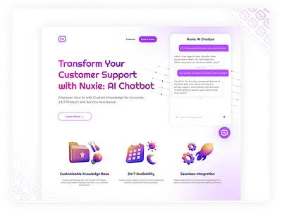 AI Chatbot Assistance Integration - Nuxie 3d ai ai agent ai assistant branding chat chat box chatbot chatbot integration inbox landing page messages modern design purple whole page