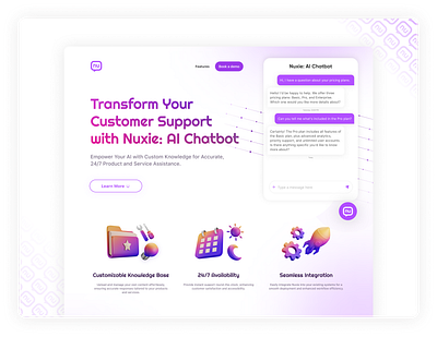 AI Chatbot Assistance Integration - Nuxie 3d ai ai agent ai assistant branding chat chat box chatbot chatbot integration inbox landing page messages modern design purple whole page