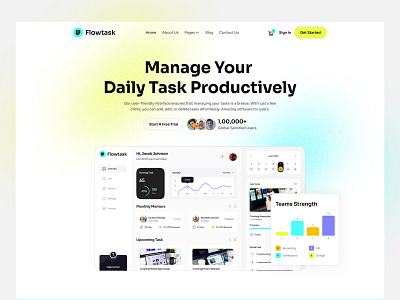 Flowtask-SaaS Webflow Website Design animation app b2b branding business dashboard graphic design hero section illustration landing page design logo management motion graphics product page productivity tool saas software task managed ui website