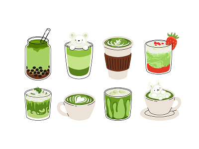 Matcha drinks set 2 art beverage boba bubble cartoon character concept design drink flat green illustration latte matcha tea vector