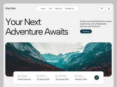 Adventure Travel Landing Page adventure agency booking clean design explore figma homepage journey landing page layout nature tour travel trip uiux user experience user interface web design website