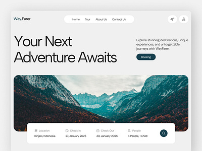 Adventure Travel Landing Page adventure agency booking clean design explore figma homepage journey landing page layout nature tour travel trip uiux user experience user interface web design website