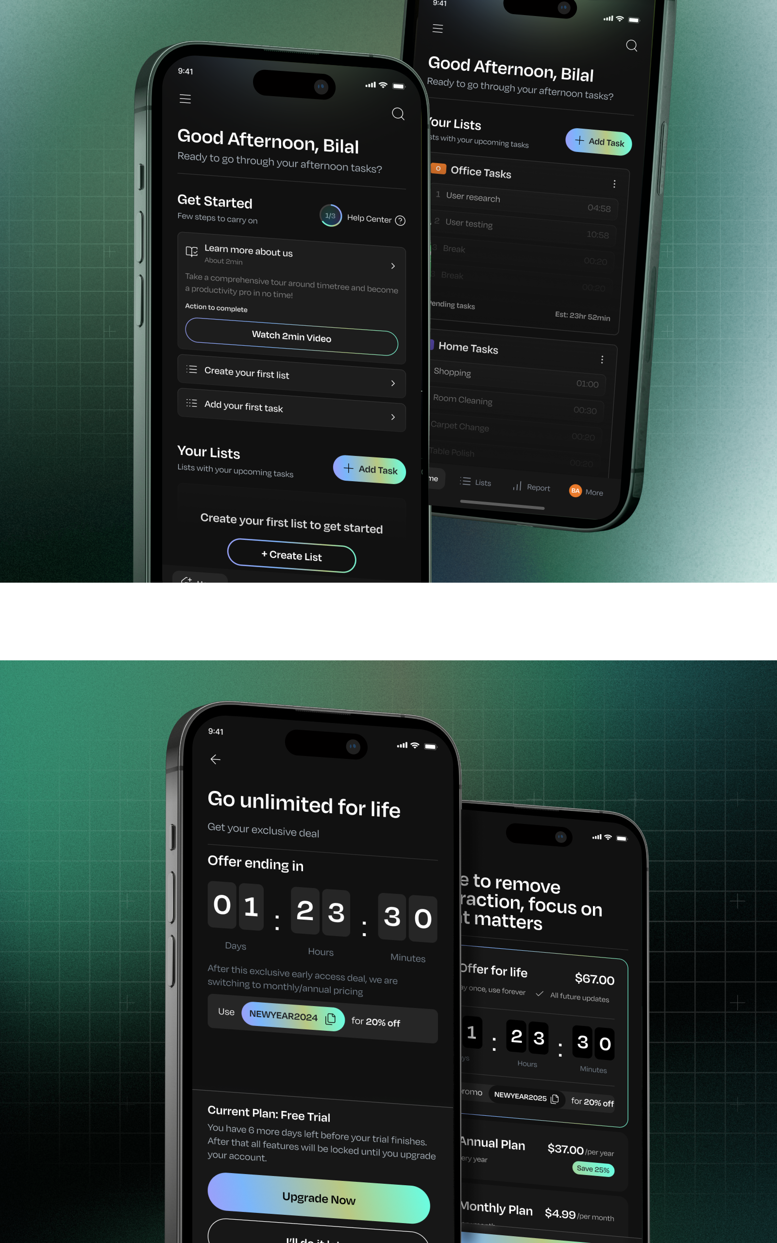 TimeTree - Daily Life Time Task Management bento grid branding case study clockify design detail page focus mode graphic design illustration logo minimal office work management task listing time tracking time tree typography uae client ui ui design ui ux