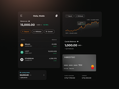 Inbestgo app components app design blockchain crypto crypto wallet dapp dark app mobile wallet orange ui wallet web3