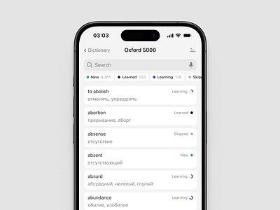 Dictionary view education english ios learning light list mobile app ui words