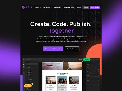 WOPY: Website Building Platform ai ai capabilities coding website collaborative design content blocks content management dark theme front end development illustration layout design low code motion graphics no code platform preview mode template design ui design ux design visual editor website builder