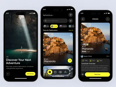 Travel App Design 2025 tredning darkmode dashboard design figma freelancer inpiration mobile app new desing smooth travel trending trip ui uiux ux wireframe