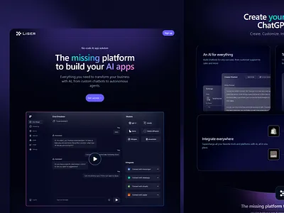 AI App Builder Interface: LISER ai business ai design app builder button design chat emulator chat gpt dark theme data visualization form design interface design layout no code platform platform design ui user experience uxui web ui web ux website
