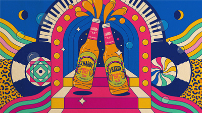 Illustrations for animation for J. Hardy animation beer bottle dance disco illustration keyboard leopard motion graphics musical retro soul train stairs surreal vinyl waves