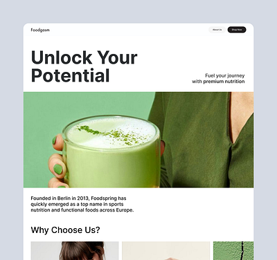 Foodgasm: Fuel Your Fitness with Premium Nutrition – Elevate You branding figma healthtech landing page light theme minimal nutrition responsive soft ui user interface website