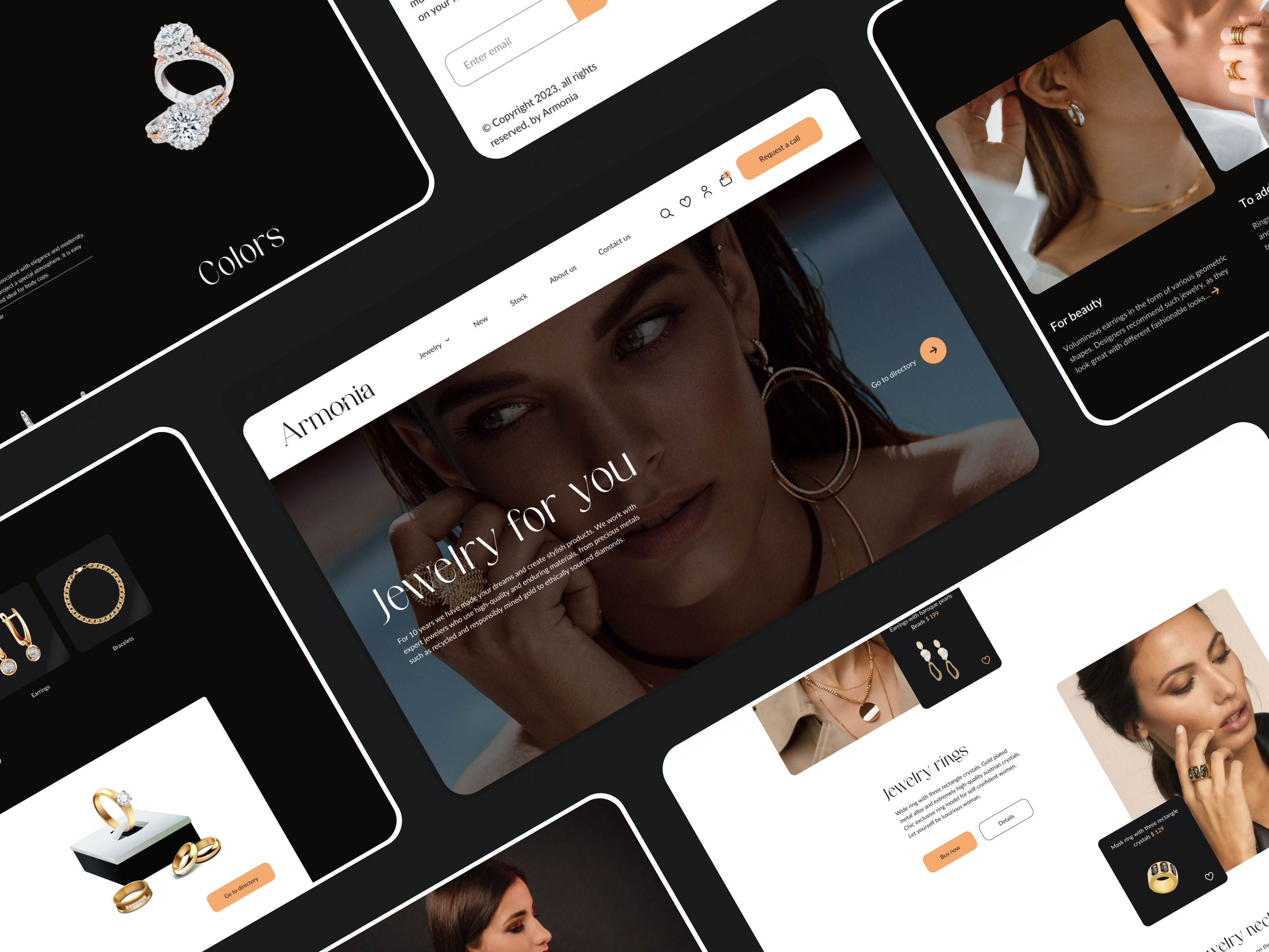 Landing page design for the Armonia online jewelry store. armonia branding darkmode ecommerce figma jewelrystore landingpagedesign minimaldesign ui uiuxdesign uxresearch webdesign