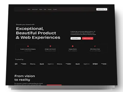 Landing page redesign for a design agency dark design agency landing page minimal product design simple design ui ux writing website