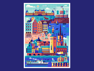 Stockholm Poster card cityscape flat design gamla stan illustration landmarks panorama poster stockholm sweden swedish travel