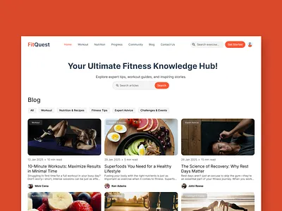 Blog page for Fitness website blog cards fitness glass morphism light theme orange page profile search ui website