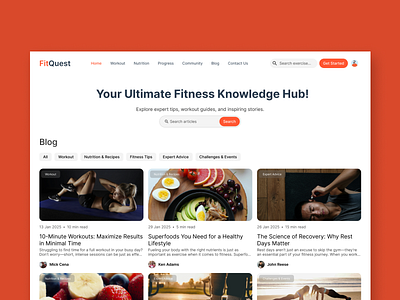 Blog page for Fitness website blog cards fitness glass morphism light theme orange page profile search ui website