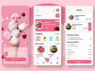 Delightful Ice Cream App UI – A Sweet & Smooth Experience! 🍦🎨 appdesign cleanui dashboardui ecommercedesign figmadesign fooddeliveryui icecreamapp minimalui mobileappui mobileinterface modernui neumorphism pastelcolors pinkaesthetic productdesign shoppingapp sweetdesign uitrends uiuxdesign userexperience