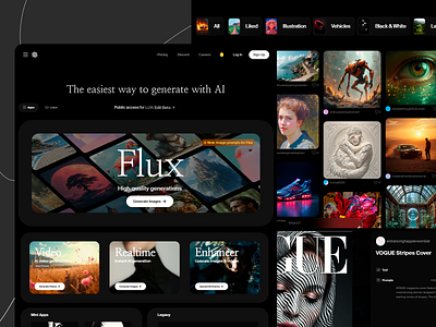 Flux: AI Image Generator Platform ai generated ai image generation augmentation automated dark theme grid layout image image gallery image generator interface design navigation bar platform top guides user interface ux patterns uxui web design web ui web ux website layout