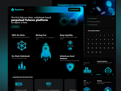 On-Chain Futures Platform UX/UI advanced tools aptos blockchain blockchain ui crypto trading decentralized finance financial interface fintech platform futuristic design glowing accents liquidity visualization mission tracker modern design on chain platform perpetual futures seamless navigation trading dashboard trading ux user engagement ux ui ux ui design