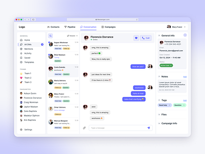 Messenger WEB campaigns contacts conversation dashboard design dialog dm general info messeger notes pipeline tag teams templates text ui ux