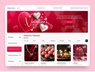 Valentine’s Day Gift Shop clean ui design e commerce figma figma design gift shop love online shopping romantic gifts search filter site ui uiux design ux valentines day web design website