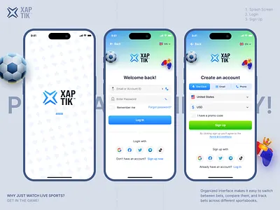 Splash / Login / Sign Up Screens android app app design betting creative design game ios login minimal mobile mobile app modern onboarding screens signup splash sports ui ux