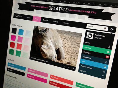 Flatpad WIP buttons design flat form interface menu navigation photo ribbon slider stats user