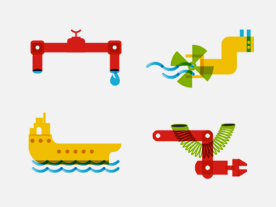 Industrial icons air boat colour colourful fan geometric multiply navy ocean pipe robot shapes string vector water