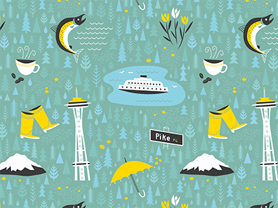 Seattle Fabric boots fabric ferry fish forest mountain ocean pattern rain seattle space needle textiles trees tulips umbrella washington