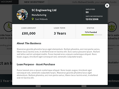 Peer Funding Overview Modal investment modal overview peer funding web app