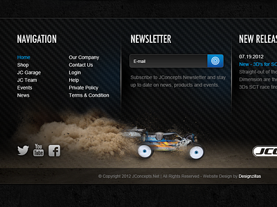 jConcepts Website Footer blog car control designzillas dust e commerce footer jconcepts media navigation newsletter racing rc remote social website