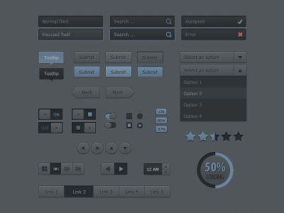 Darkblue UI Kit - Freebie blue button check checkbox dark download dropdown free freebie gui input interface kit login menu navigation player psd radio resource search signin slider toggle ui video