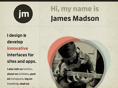Shot #1021941 bio designer james madson landing page muted responsive texture