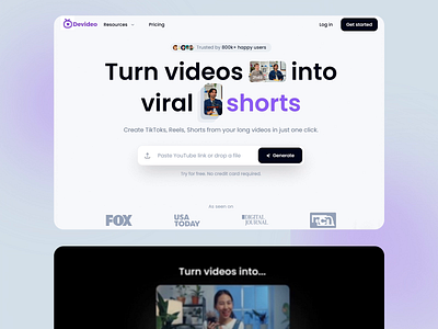 Viral Video Generator: Devideo ai ai powered ai design animation design file upload input field modern uii reels short form video social media ui ui design user interfac e ux ux design uxui video editing visual design website