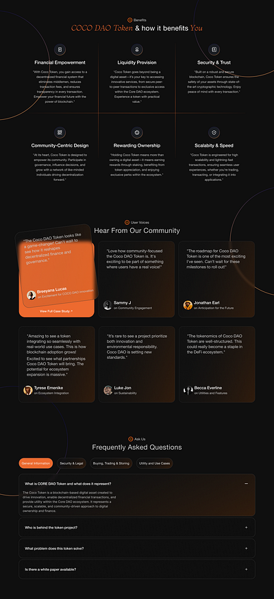 COCO DAO TOKEN WEB3 SECTIONS clean crypto dark theme design desktop landingpage modern sections token ui web3