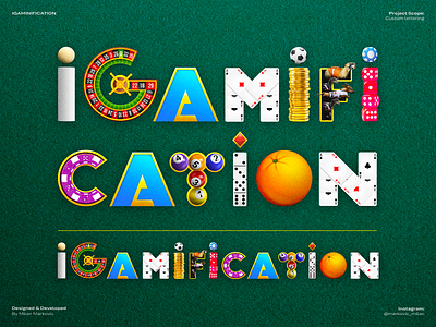 iGamification Series - Custom letters betting billiards casino branding coins dog racing dominoes game gambling gold graphic design igaming luck money online casino orange playing cards poker chips pool ball roulette tutorial typography