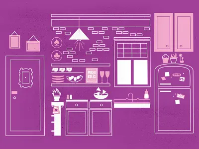 Monica's Apartment apartment book brick wall bricks cabinets cups door flowers frame fridge friends heart kitchen magnets monica photo plants plate poker rachel ross sink soap stickers towel window wood