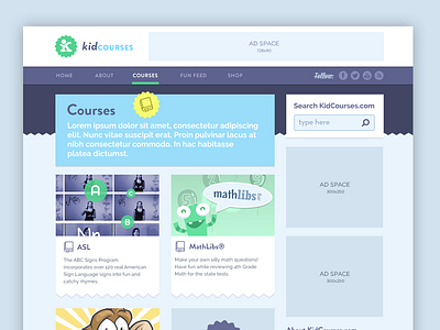 Kidcourses Web blog flat fun kids learning responsive ui ux web wordpress