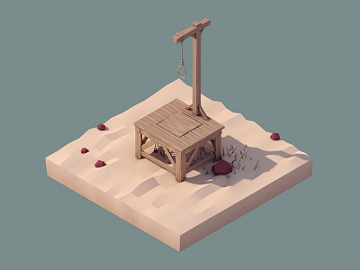 Gallows 3d c4d cartoon cel shade cute death desert hanging hangman low poly murder noose rocks rope trapdoor