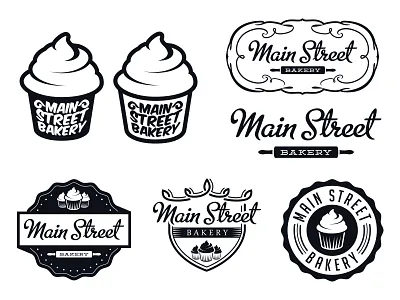 Bakery Logo Options bakery black crest cupcake emblem logotype rolling pin shield street white